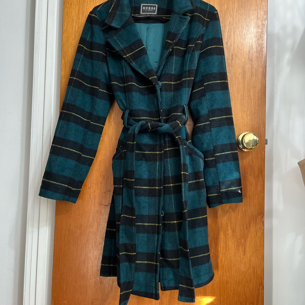 Guess Women's Plaid Tartan Green and Navy Wool Blend Trench Peacoat